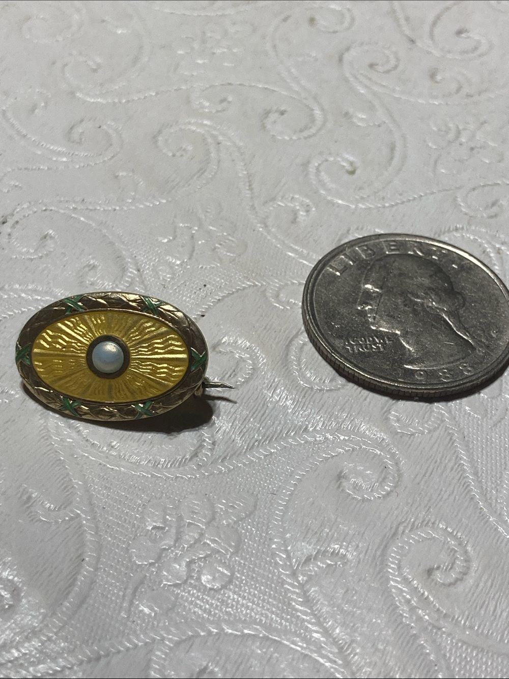 Gold-Tone Yellow Enamel Brooch with Pearl Center